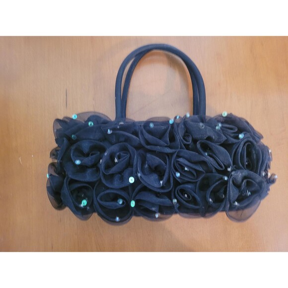 Y2K Vintage Black Rosette Sequin Mini Tote Bag | Formal, Coquette, Party Clutch - Picture 2 of 4
